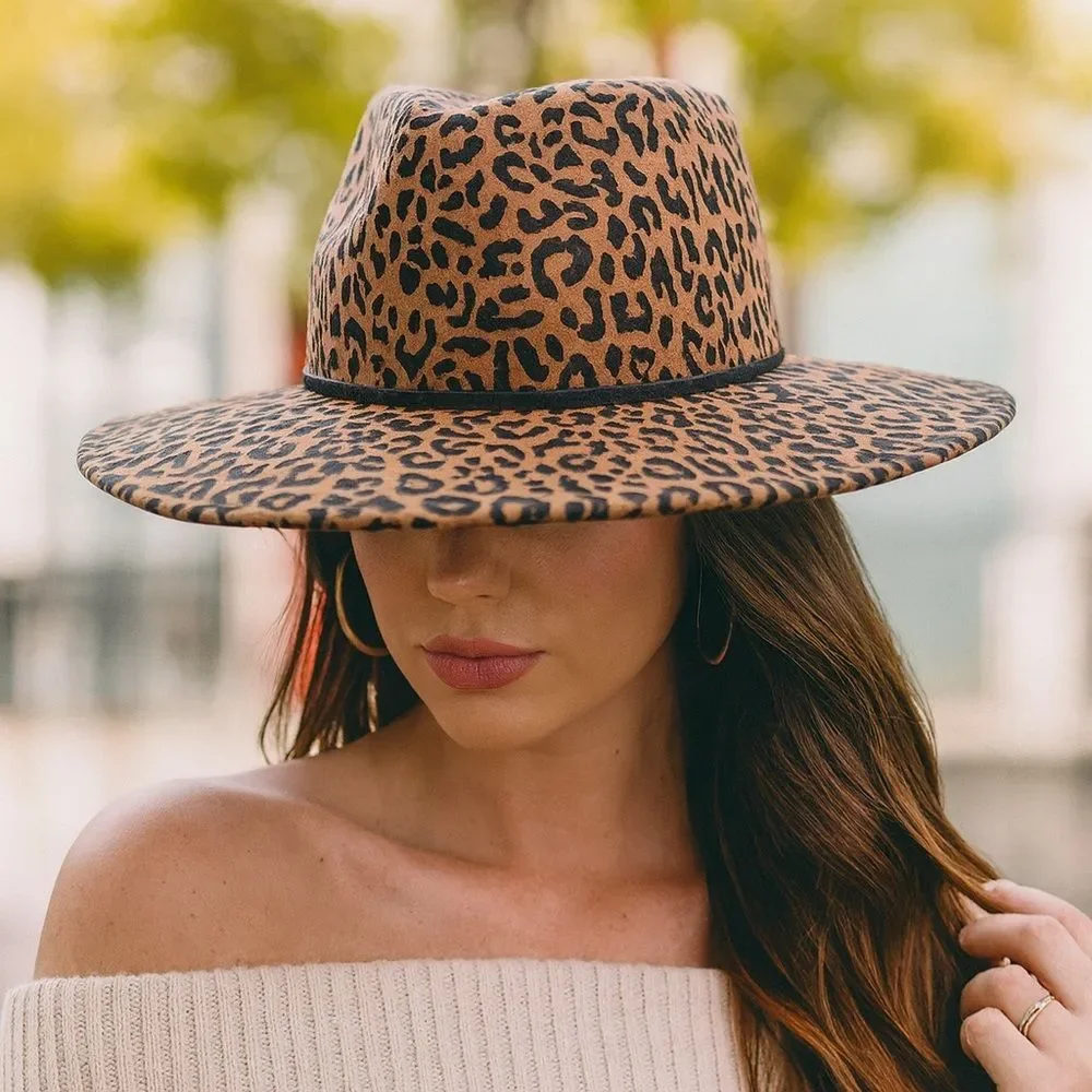 NWT Olive & Pique Leopard Print Wool Wide Brim Fedora Hat Tan Black Boho Fall